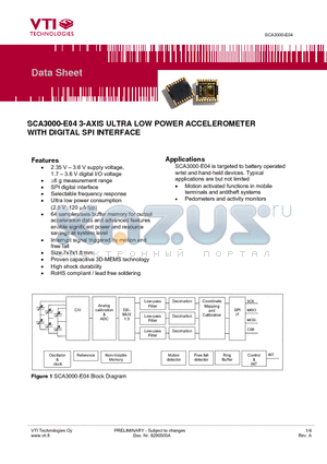 SCA3000-E04 datasheet - 3-AXIS ULTRA LOW POWER ACCELEROMETER WITH DIGITAL SPI INTERFACE