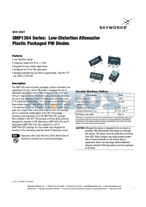 SMP1304 datasheet - Low-Distortion Attenuator Plastic Packaged PIN Diodes