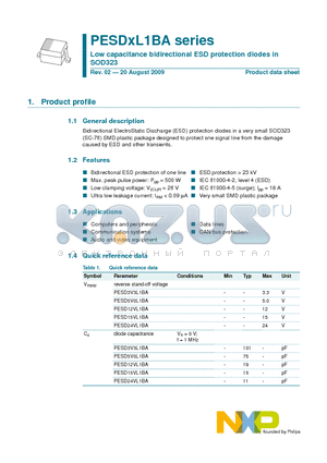 PESD3V3L1BA datasheet - Low capacitance bidirectional ESD protection diodes in SOD323