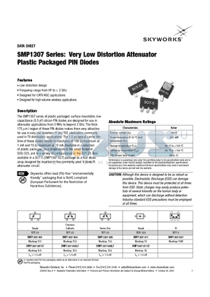 SMP1307-011 datasheet - Very Low Distortion Attenuator Plastic Packaged PIN Diodes