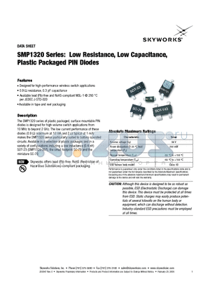 SMP1320 datasheet - Low Resistance, Low Capacitance, Plastic Packaged PIN Diodes