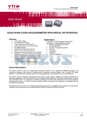 SCA2110-D03 datasheet - 2-AXIS ACCELEROMETER WITH DIGITAL SPI INTERFACE