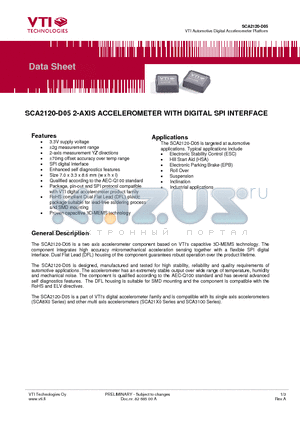 SCA2120-D05 datasheet - 2-AXIS ACCELEROMETER WITH DIGITAL SPI INTERFACE