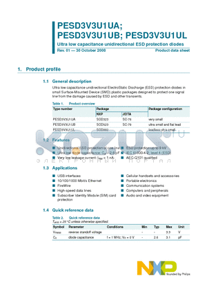 PESD3V3U1UA datasheet - Ultra low capacitance unidirectional ESD protection diodes