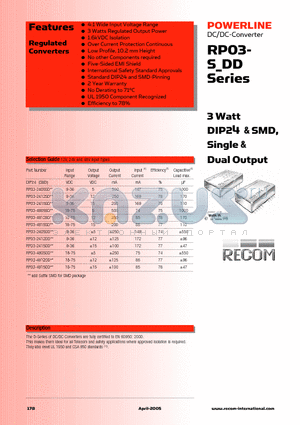 RP03-4805DD datasheet - 3 Watt DIP24 & SMD, Single & Dual Output