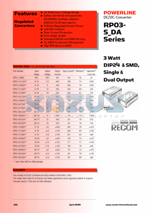 RP03-4805SA datasheet - 3 Watt DIP24 & SMD, Single & Dual Output