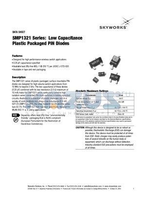 SMP1321-508 datasheet - Low Capacitance Plastic Packaged PIN Diodes