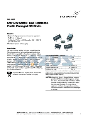 SMP1322 datasheet - Low Resistance, Plastic Packaged PIN Diodes