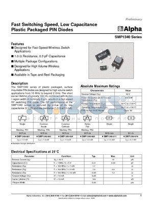 SMP1340-003 datasheet - Fast Switching Speed, Low Capacitance Plastic Packaged PIN Diodes