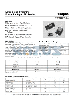 SMP1352 datasheet - Large Signal Switching Plastic Packaged PIN Diodes