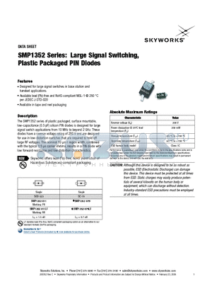 SMP1352 datasheet - Large Signal Switching, Plastic Packaged PIN Diodes