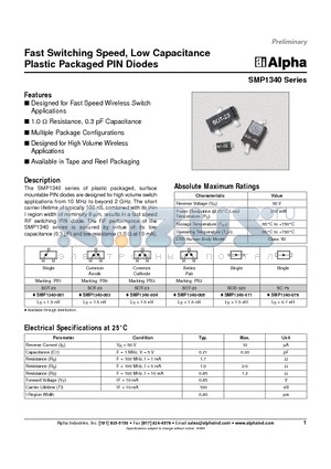 SMP1340-011 datasheet - Fast Switching Speed, Low Capacitance Plastic Packaged PIN Diodes