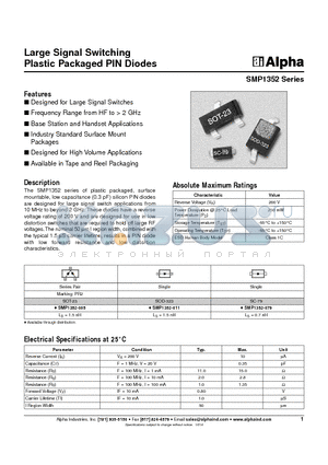 SMP1352-005 datasheet - Large Signal Switching Plastic Packaged PIN Diodes