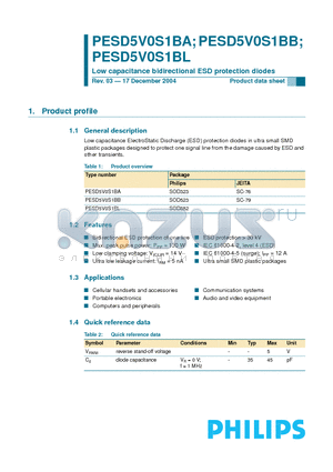 PESD5V0S1BA datasheet - Low capacitance bidirectional ESD protection diodes