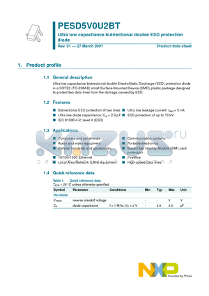 PESD5V0U2BT datasheet - Ultra low capacitance bidirectional double ESD protection diode