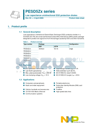 PESD5Z5.0 datasheet - Low capacitance unidirectional ESD protection diodes