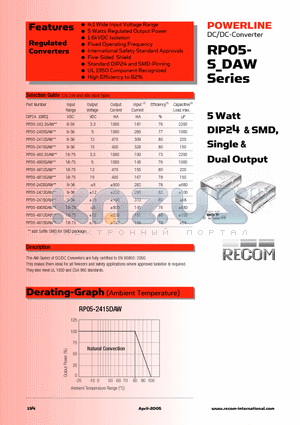 RP05-2412SAW datasheet - 5 Watt DIP24 & SMD, Single & Dual Output