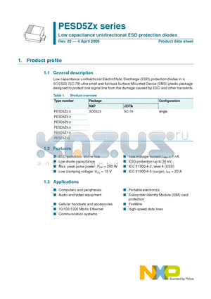 PESD5Z7.0 datasheet - Low capacitance unidirectional ESD protection diodes