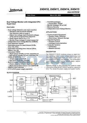 X40410 datasheet - Dual Voltage Monitor with Intergrated CPU Supervisor