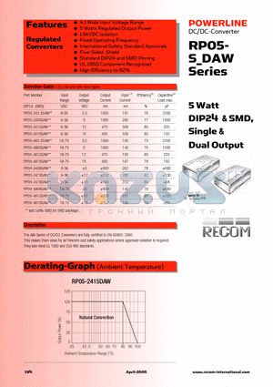 RP05-243.3SAW datasheet - 5 Watt DIP24 & SMD, Single & Dual Output