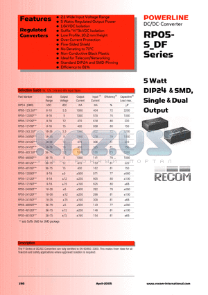 RP05-4805DF datasheet - 5 Watt DIP24 & SMD, Single & Dual Output