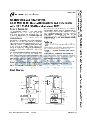 SCAN921025SLC datasheet - 30-80 MHz 10 Bit Bus LVDS Serializer and Deserializer with IEEE 1149.1 (JTAG) and at-speed BIST
