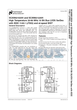 SCAN921025HSM datasheet - High Temperature 20-80 MHz 10 Bit Bus LVDS SerDes with IEEE 1149.1 (JTAG) and at-speed BIST