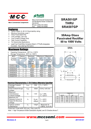 SRA505GP datasheet - 50Amp Glass Passivated Rectifier 50 to 1000 Volts