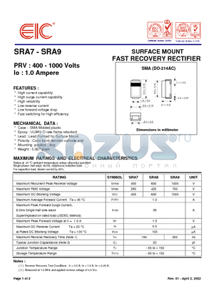 SRA7 datasheet - SURFACE MOUNT FAST RECOVERY RECTIFIER