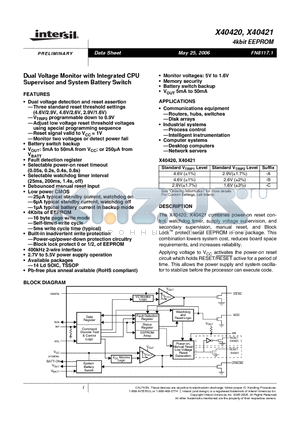 X40420S14-B datasheet - Dual Voltage Monitor with Integrated CPU Supervisor and System Battery Switch
