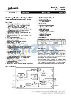 X40420S14-C datasheet - Dual Voltage Monitor with Integrated CPU Supervisor and System Battery Switch