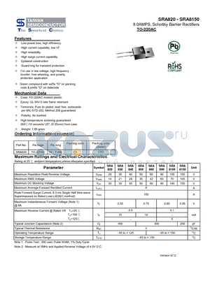 SRA820 datasheet - 8.0AMPS. Schottky Barrier Rectifiers High reliabbility