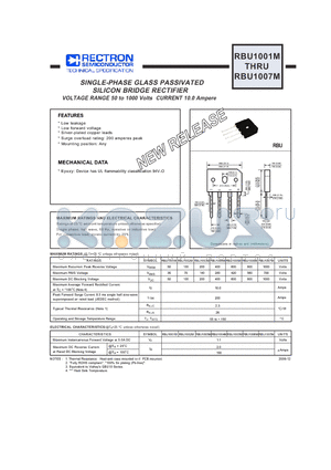 RBU1001M datasheet - SINGLE-PHASE GLASS PASSIVATED SILICON BRIDGE RECTIFIER VOLTAGE RANGE 50 to 1000 Volts CURRENT 10.0 Ampere