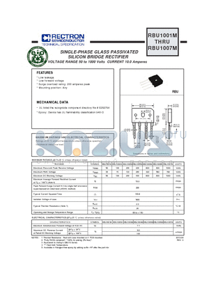 RBU1001M datasheet - SINGLE-PHASE GLASS PASSIVATED SILICON BRIDGE RECTIFIER