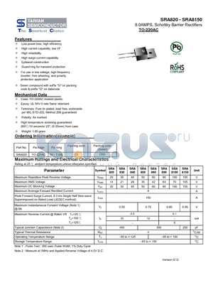 SRA820_13 datasheet - 8.0AMPS. Schottky Barrier Rectifiers High reliabbility