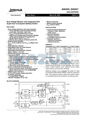 X40420V14-B datasheet - Dual Voltage Monitor with Integrated CPU Supervisor and System Battery Switch