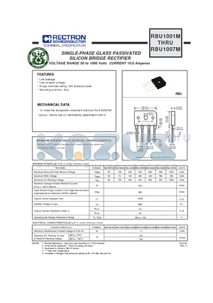 RBU1006M datasheet - SINGLE-PHASE GLASS PASSIVATED SILICON BRIDGE RECTIFIER