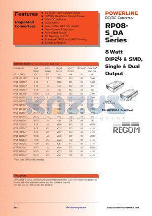 RP08-1212SA datasheet - 8 Watt DIP24 & SMD, Single & Dual Output