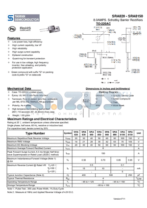 SRA850 datasheet - 8.0AMPS. Schottky Barrier Rectifiers