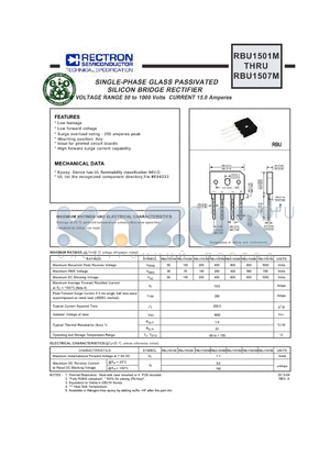 RBU1503M datasheet - SINGLE-PHASE GLASS PASSIVATED SILICON BRIDGE RECTIFIER