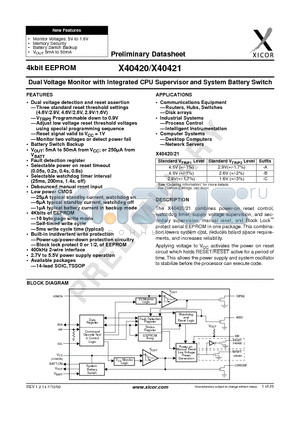 X40421S14-B datasheet - Dual Voltage Monitor with Integrated CPU Supervisor and System Battery Switch