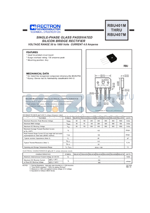 RBU401M datasheet - SINGLE-PHASE GLASS PASSIVATED SILICON BRIDGE RECTIFIER