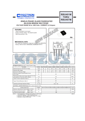 RBU406M datasheet - SINGLE-PHASE GLASS PASSIVATED SILICON BRIDGE RECTIFIER VOLTAGE RANGE 50 to 1000 Volts CURRENT 4.0 Ampere