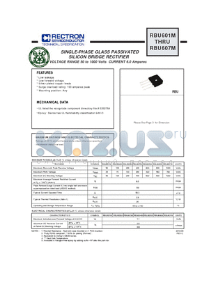 RBU601M_10 datasheet - SINGLE-PHASE GLASS PASSIVATED SILICON BRIDGE RECTIFIER