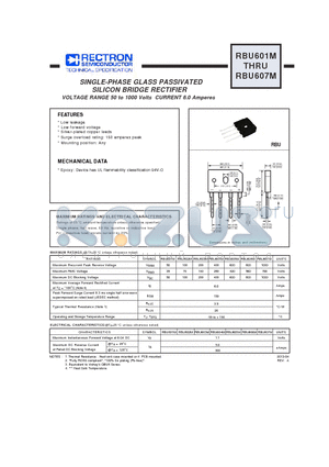 RBU603M datasheet - SINGLE-PHASE GLASS PASSIVATED SILICON BRIDGE RECTIFIER