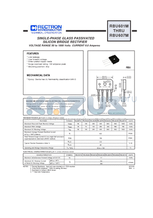 RBU606M datasheet - SINGLE-PHASE GLASS PASSIVATED SILICON BRIDGE RECTIFIER