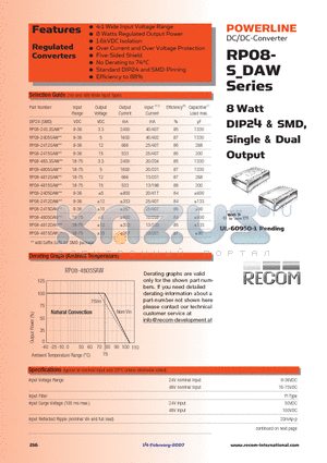 RP08-2412SAW datasheet - 8 Watt DIP24 & SMD, Single & Dual Output