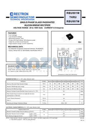 RBU801M datasheet - SINGLE-PHASE GLASS PASSIVATED SILICON BRIDGE RECTIFIER