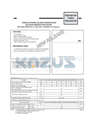 RBU804M datasheet - SINGLE-PHASE GLASS PASSIVATED SILICON BRIDGE RECTIFIER VOLTAGE RANGE 50 to 1000 Volts CURRENT 8.0 Amperes