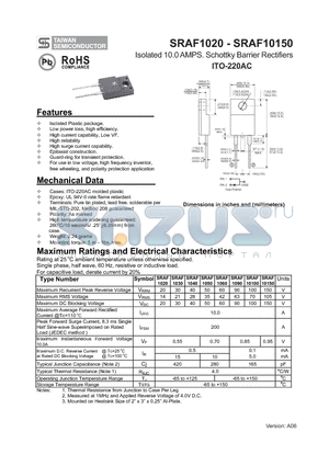 SRAF10100 datasheet - Isolated 10.0 AMPS. Schottky Barrier Rectifiers